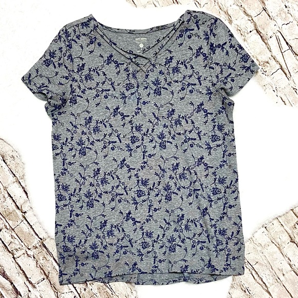 Ruff Hewn Gray & Blue Floral Top with Crossover Neckline Size Small - Picture 1 of 6